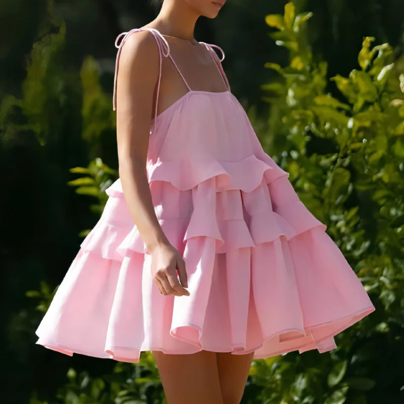 Pink Short Dress Woman Cotton Layered Loose Beach Sundress Summer Strap Sleeveless Ruffle Babydoll Dresses White 250306