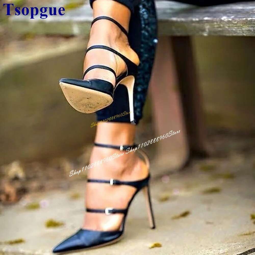 Stylish Black Leather Sandals Thin High Heel Women Shoes Ankle Buckle Strap Pointed Toe 2024 atos Para Mujere
