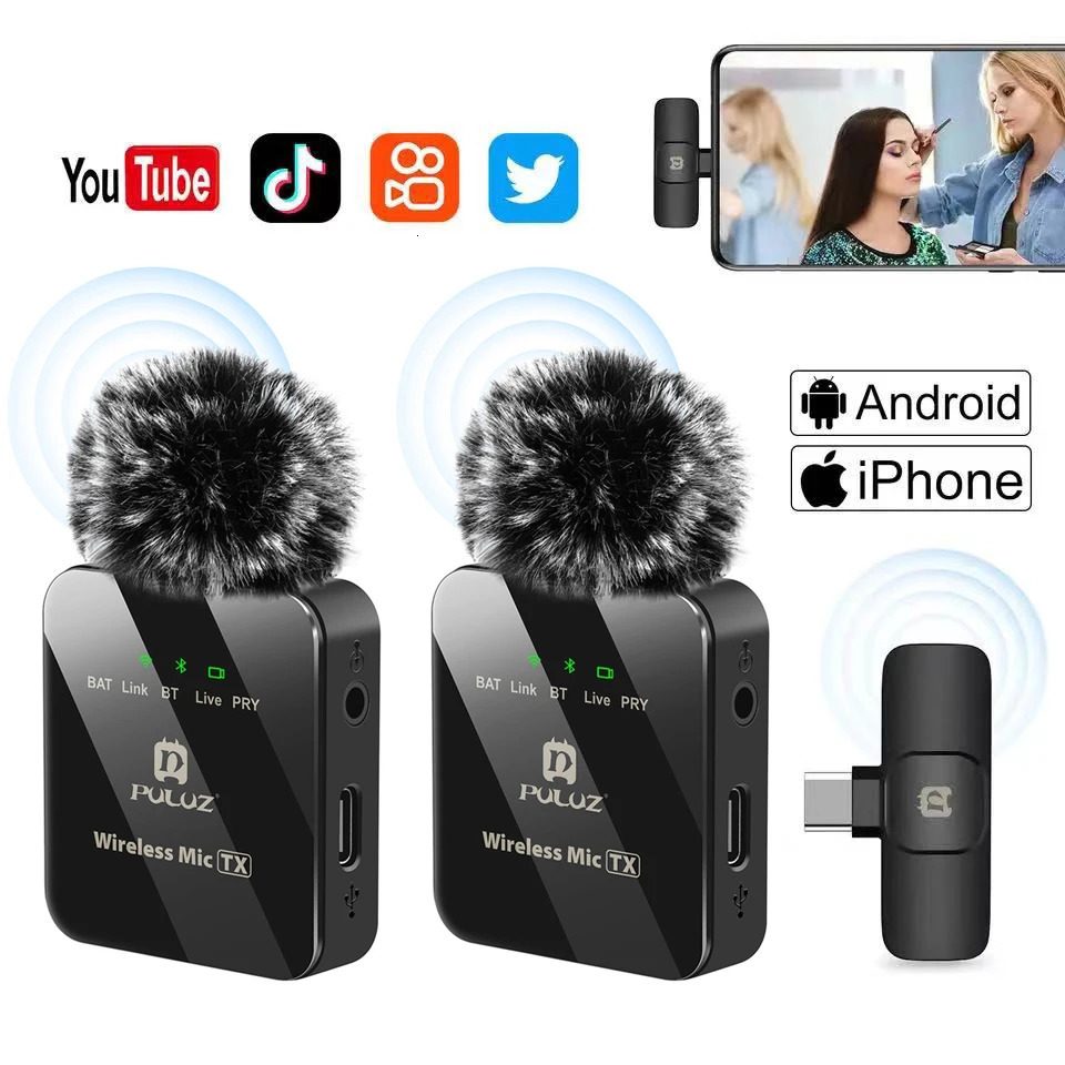 PULUZ Wireless Lavalier Microphone Portable Audio Video Recording Mini Mic for Android Outdoor Live Broadcast Phone Mic 250303