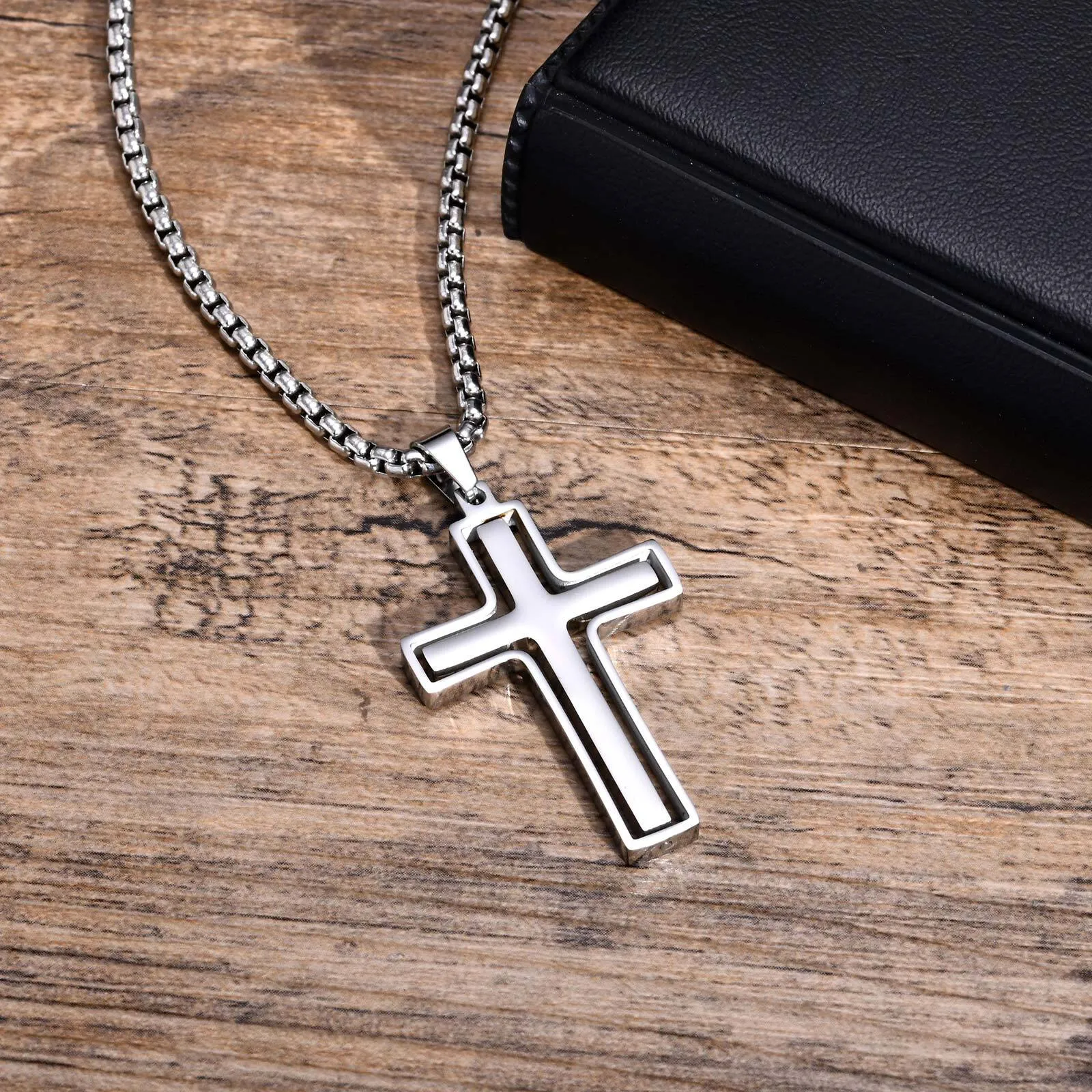 Rotating Stress Relief Cross Necklace for Men - Durable Stainless Steel Chain