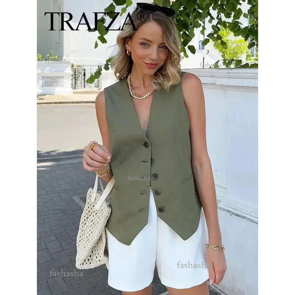 TRAFZA Womens Fashion Solid Vest Top Vintage V Neck Button Loose Casual Vests Summer Y2k Woman Streetwear Chic Tops Outerwear 240826