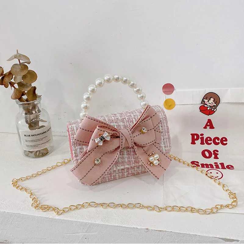 Children Wallet New Small Bag Cute Girl Classic Coin Purse Tweed Handbag Flower Beading Princess Kid Money Bag Baby Shoulder BagT250310