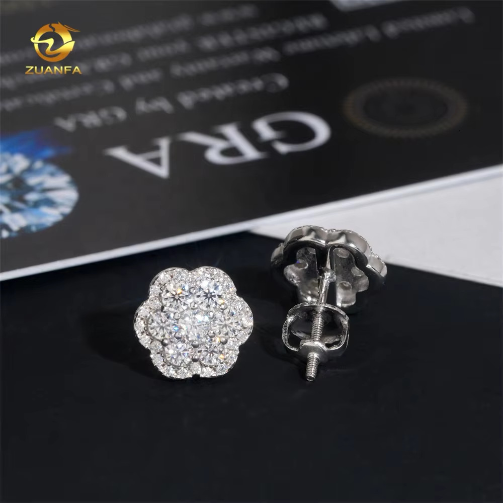 Hot Sale High Quality Cheap Price Hip Hop Style Iced Out 925 Silver Flower Cluster Men Moissanite Earrings