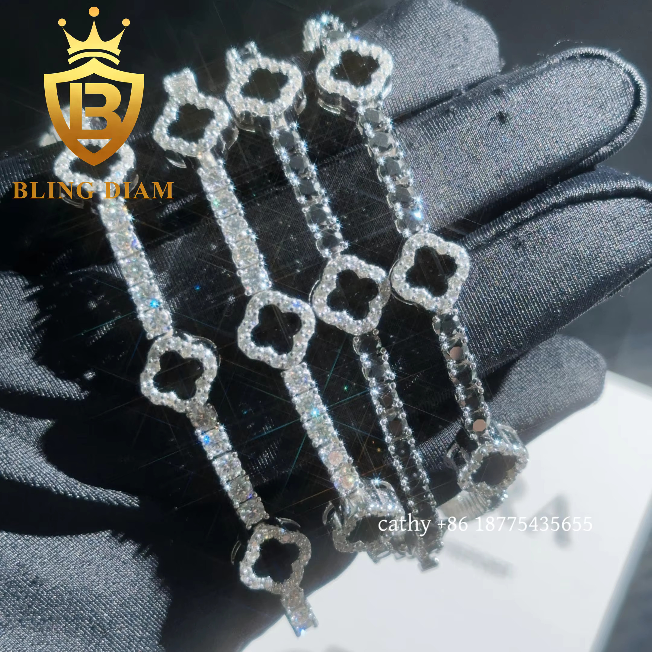 Fashion 3mm Black Clover Moissanite Tennis Chain Bracelet 925 Silver 3mm Moissanite Bracelet Pass Diamond test Hip Hop Bracelet