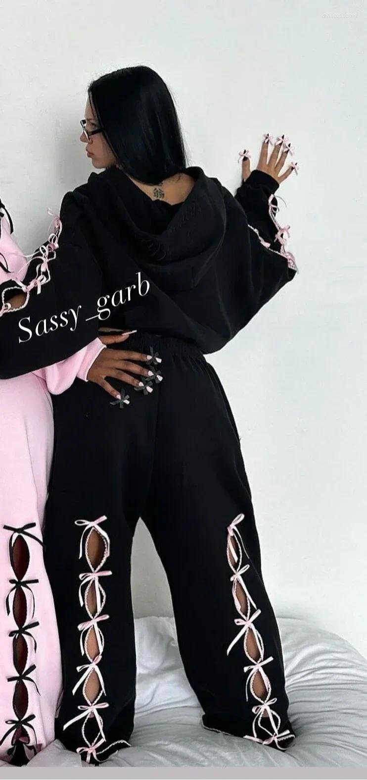 Women's Hoodies Streetwear Sportswear Two Piece Set Women Hip Hop Bow Personalized Hoodie Harajuku Fashion Zipper Sweatpants