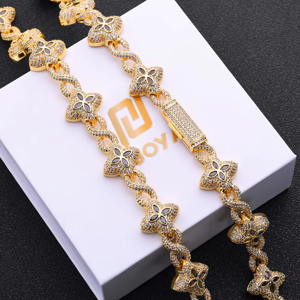 NUOYA Hip Hop Silver Gold Plated Iced Out Diamond Flower Cross Four Leaf Clover Infinity Miami Cuban Link Necklace for Men Women