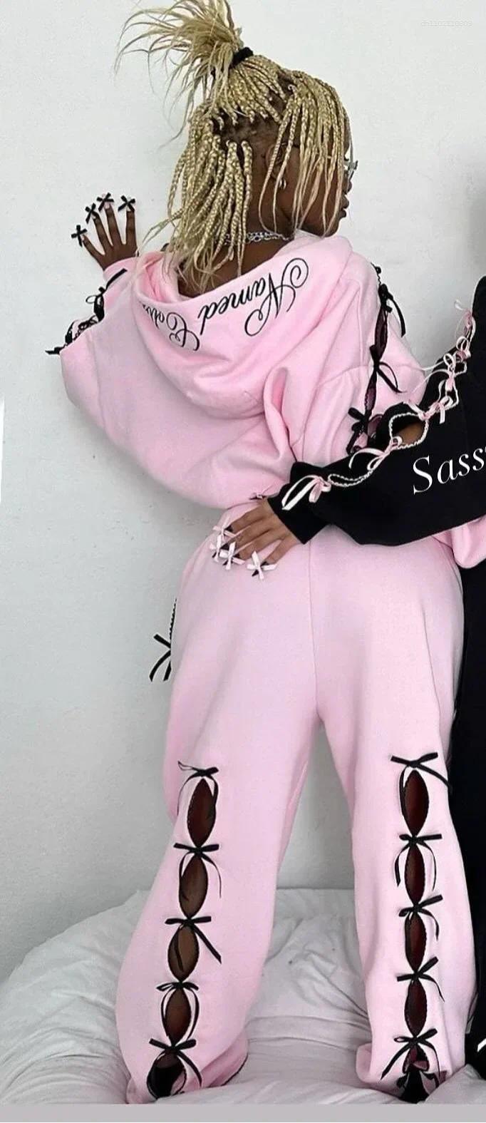 Women's Hoodies Streetwear Sportswear Two Piece Set Women Hip Hop Bow Personalized Hoodie Harajuku Fashion Zipper Sweatpants