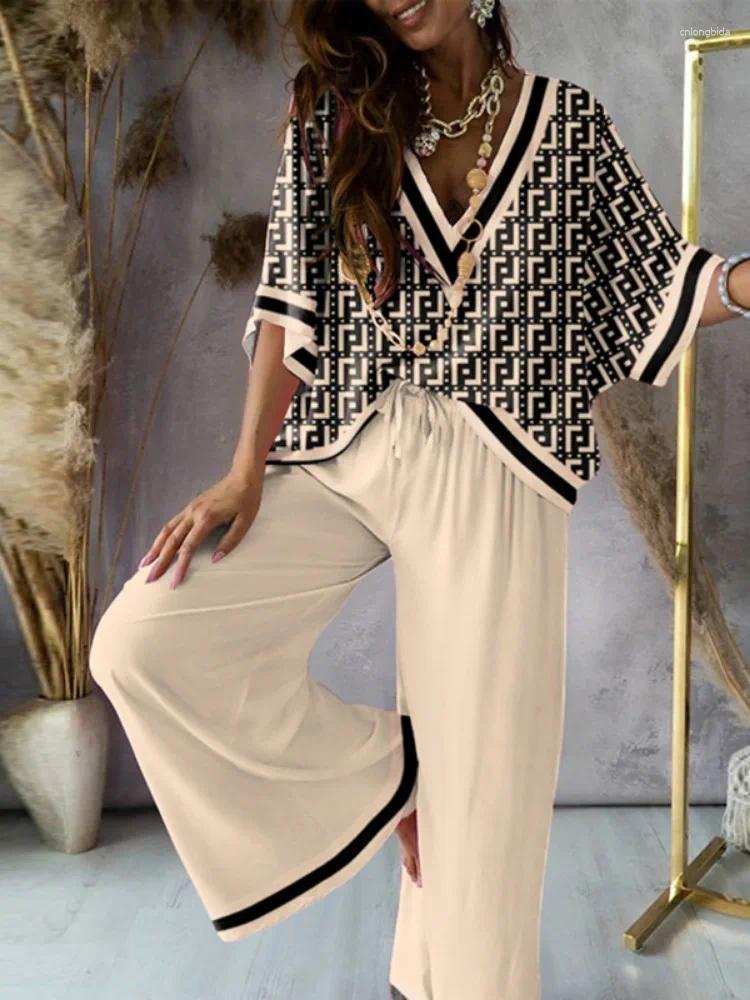 Women's Two Piece Pants Freeacy Summer Casual Suit Deep V-neck Half Sleeve Printed Shirt Top And High Waist Wide Leg Thin Outfits