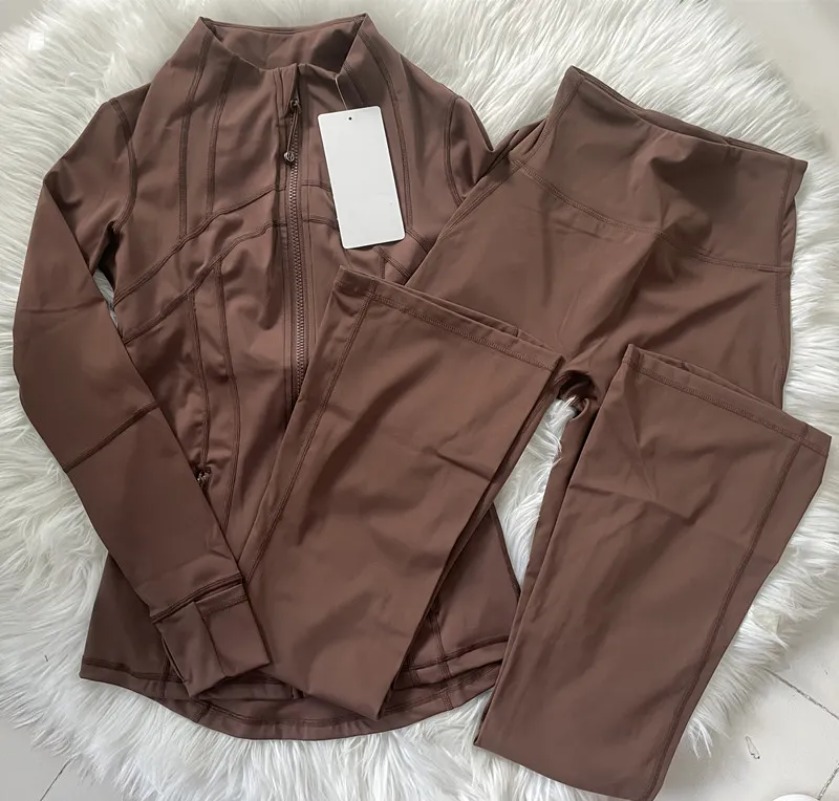 L310 Women Yoga Outfit Two Pcs Suits Long Flared Pant Jackets Set Close-Fitting Fiess Yoga WearElastic Workout Sportswear Elastic Bell-bottom Trousers