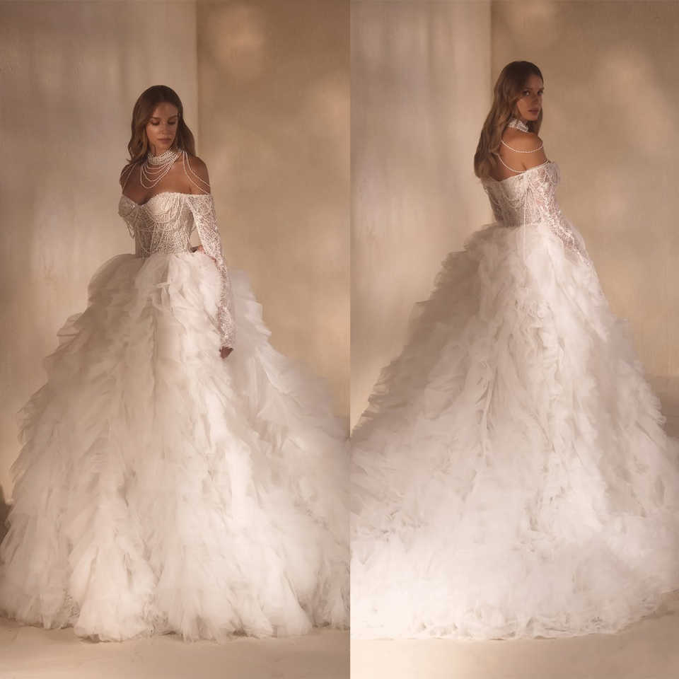 Classic A e Women Wedding Off Shoulder Long Sleeves Bridal Gowns Sequins Beaded Ruffles Sweep Train Dress Custom Made