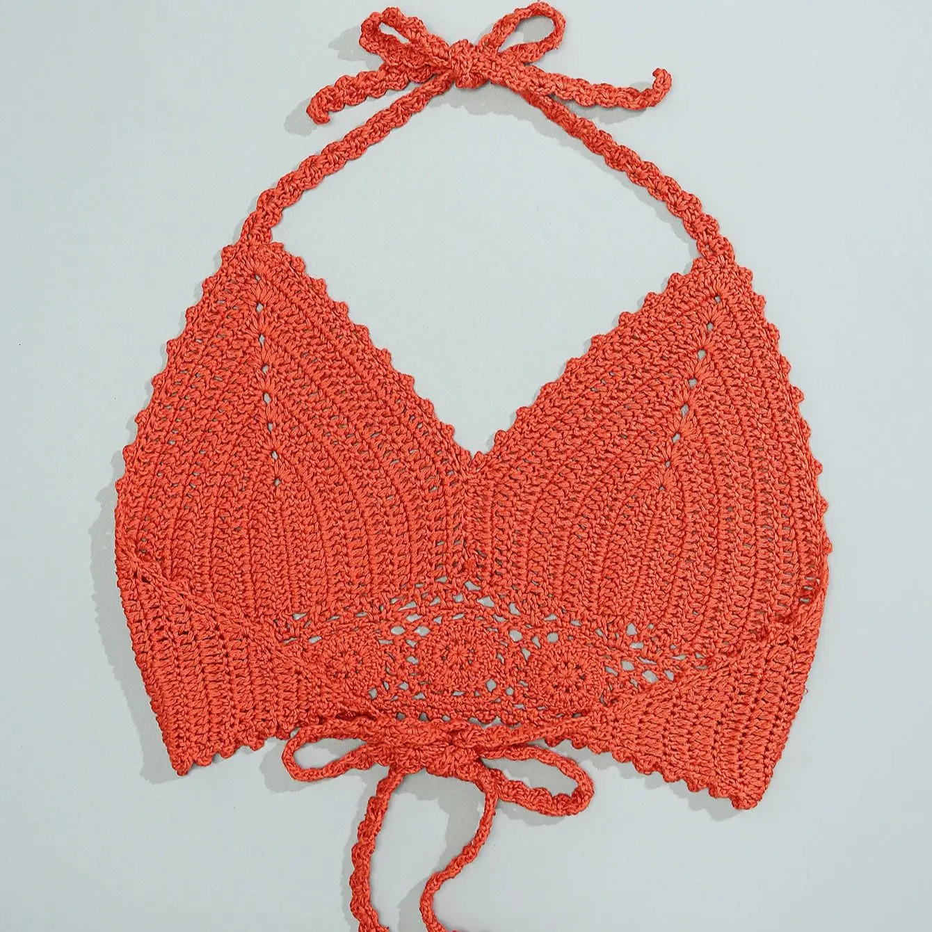 Handmade crocheted hollow bikini beachwear womens beach vacation lace up swimsuit solid color sunbathing suit 250305Z