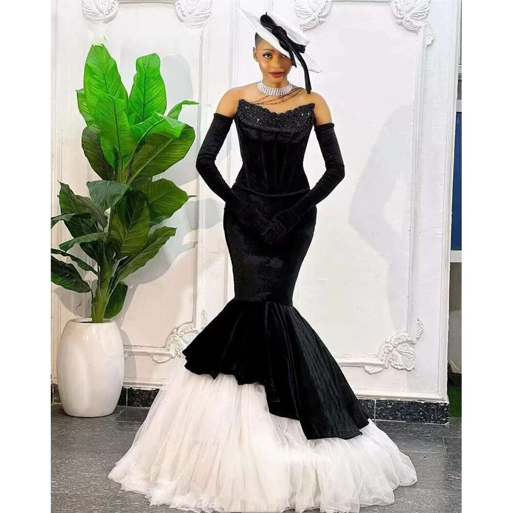Black Veet Mermaid Prom Dresses 2025 Beading Sweetheart Birthday Gown Bead Dias With Gloves evening Customized 6660310