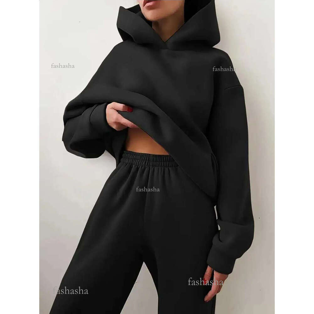 Womens Tracksuit Casual Solid Long Sleeve Hooded Sport Suits Autumn Warm Hoodie Sweatshirts And Pant Fleece Two Piece Sets 240810