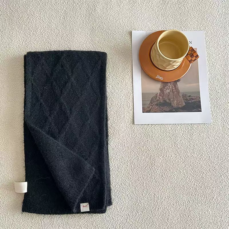 K098 Retro diamond double-sided warm knitted scarf Korean style solid color with wool versatile soft neck scarf for couples