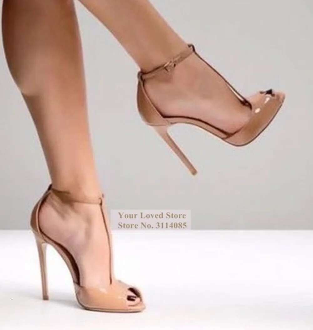 Women Stiletto Heels Wine Red T-strap Pumps Bury Patent Leather Open Toe T-bar Wedding Covered Heel Ankle Strap Shoes