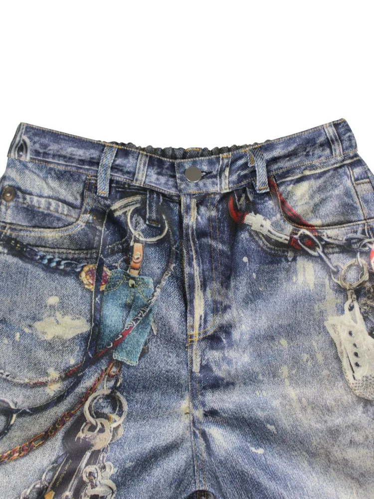 DEAT Fashion Womens Denim Chain Pants PU Leather 3D Printing Patchwork ne Wide Leg Ripped Jeans Spring 2025 7AB6843 250305