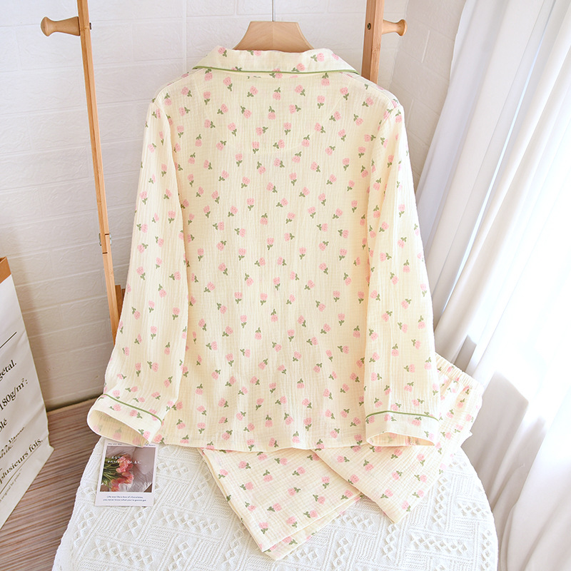 X151-Long-sleeved pajamas for women in spring and autumn, crepe home floral lapel double-layer gauze pajamas set