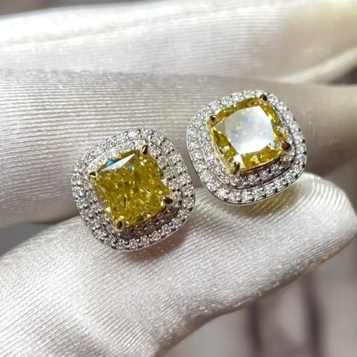 2025 New Design Vivid Yellow Color 1ct 6mm Moissanite Diamond Two halo 14k Solid Gold Stud Earring