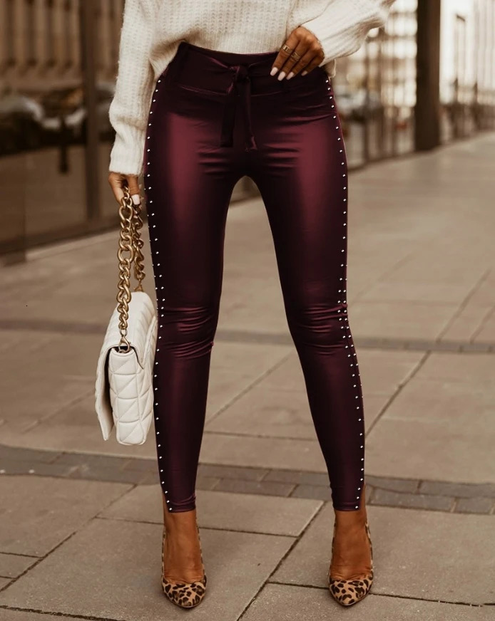 Womens pants 2025 spring fashion stud decoration tie details PU leather plain weave high waisted Casaul tight daily pants 250305