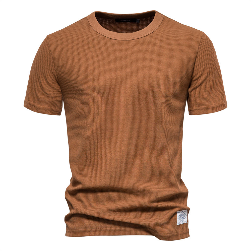 2025 Spring/Summer New European Size Waffle T-Shirt Men's Round Neck High Quality Basic Solid Color Knitted Bottom Shirt