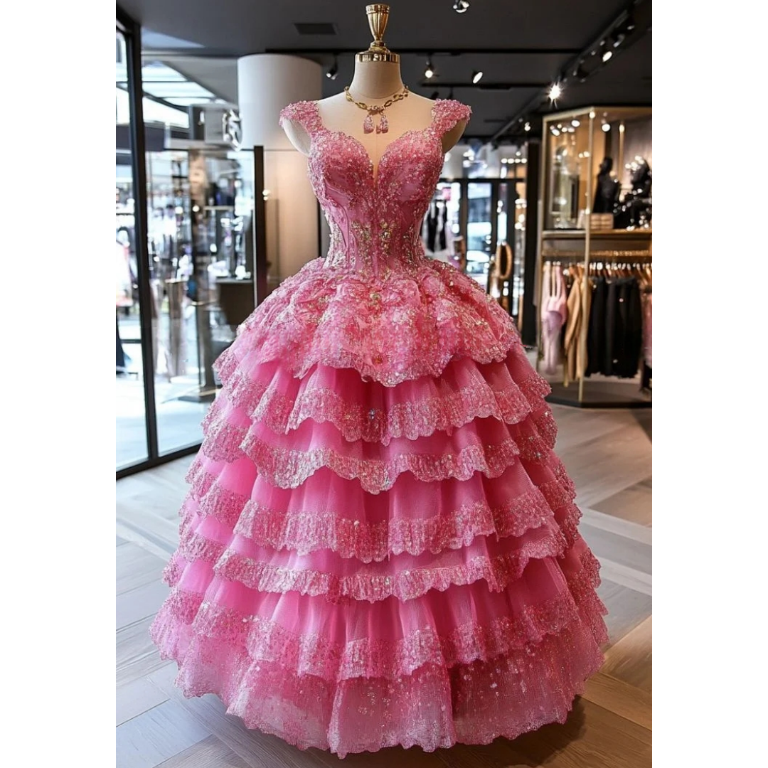 Glitter Pink Tiered Prom Dresses Straps Sweetheart Long Floor Length Birthday Party Special Occasion Dress Appliques Crystals Beaded Pretty Evening Go