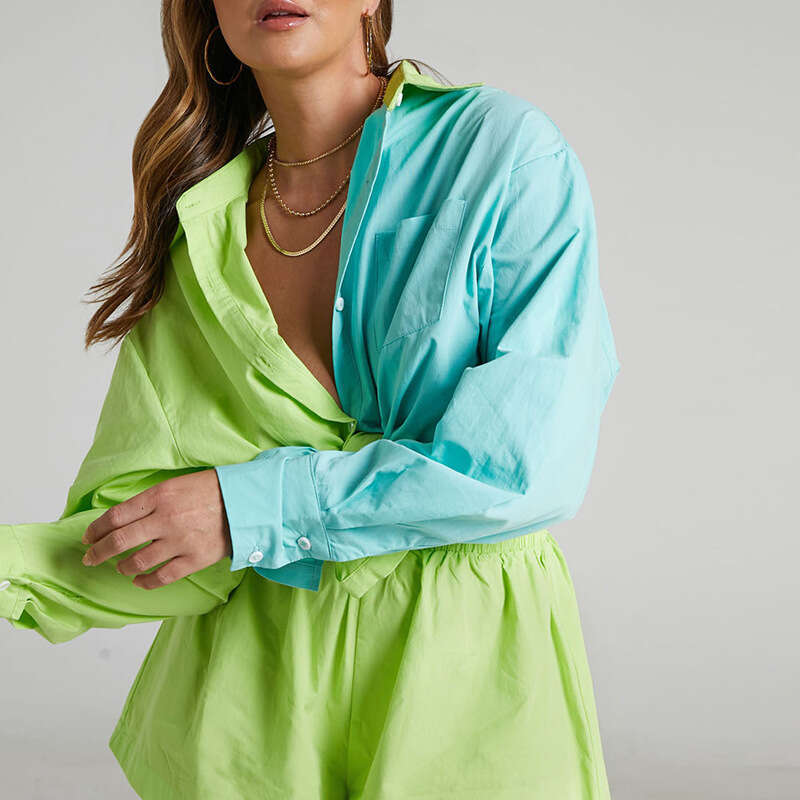 Summer New Fashionable Color Blocked Single Breasted Shirt, Elastic Shorts Two-Piece Set 661 KLMY