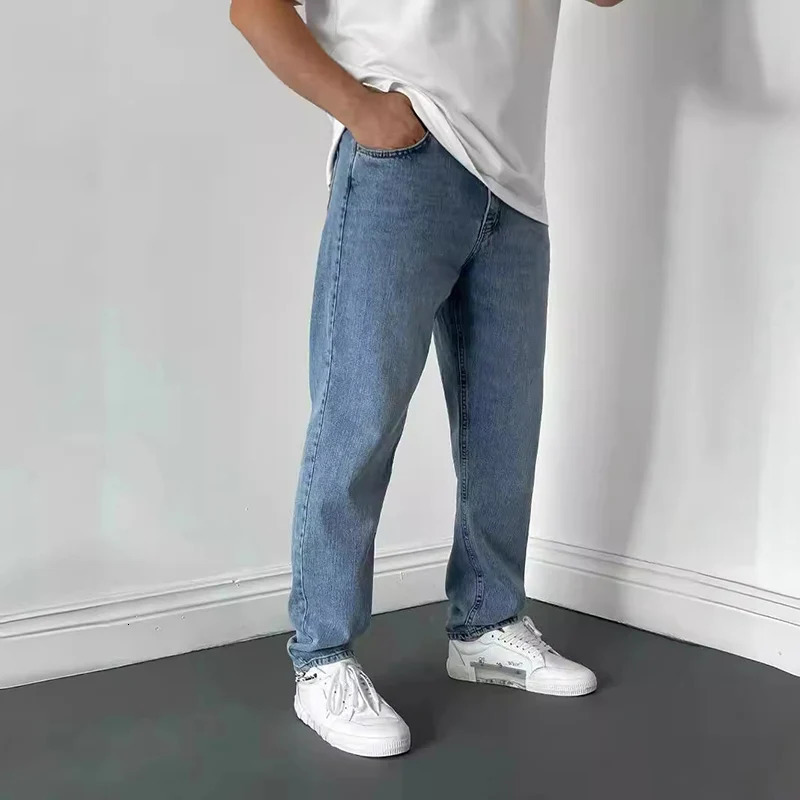 Mens Jeans Korean Version Student Casual Pants High Street Straight Loose Wide Leg Black Grey Blue Baggy 250311