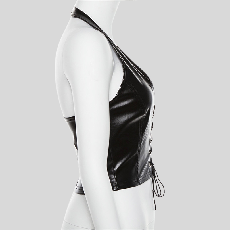 European and American style summer new women's clothing neck lace-up sexy lace-up hollow navel PU small vest women