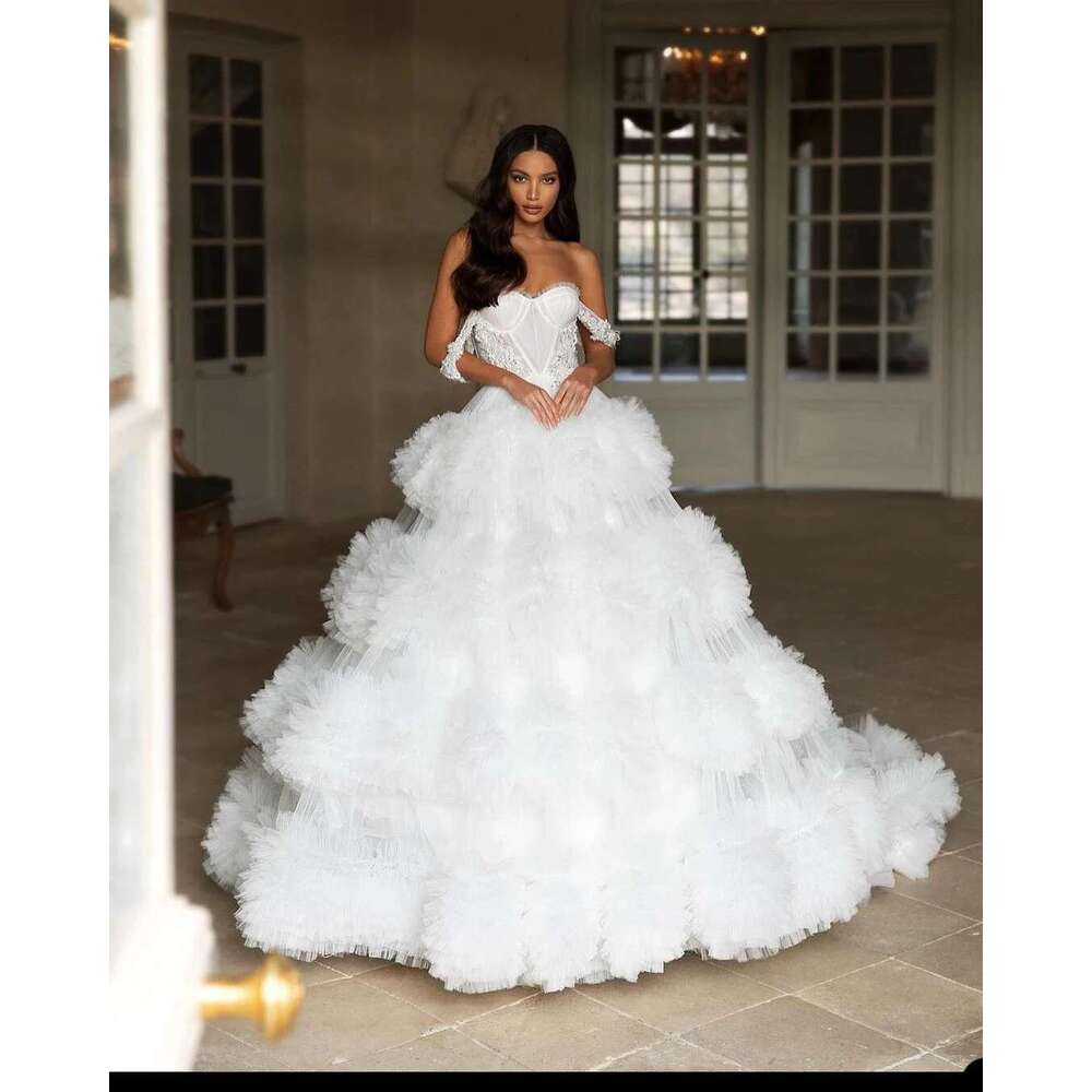 Custom dress off shoulder beads crystal ball layered pleated puffed wedding dresses