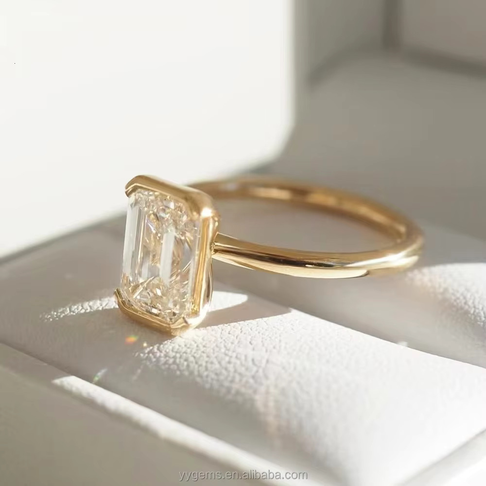 Customized 14K Yellow Gold Half Bezel Setting 6*9 Ridine Che Moissanite Solitaire Wedding Ring Fine Jewelry Women Rings