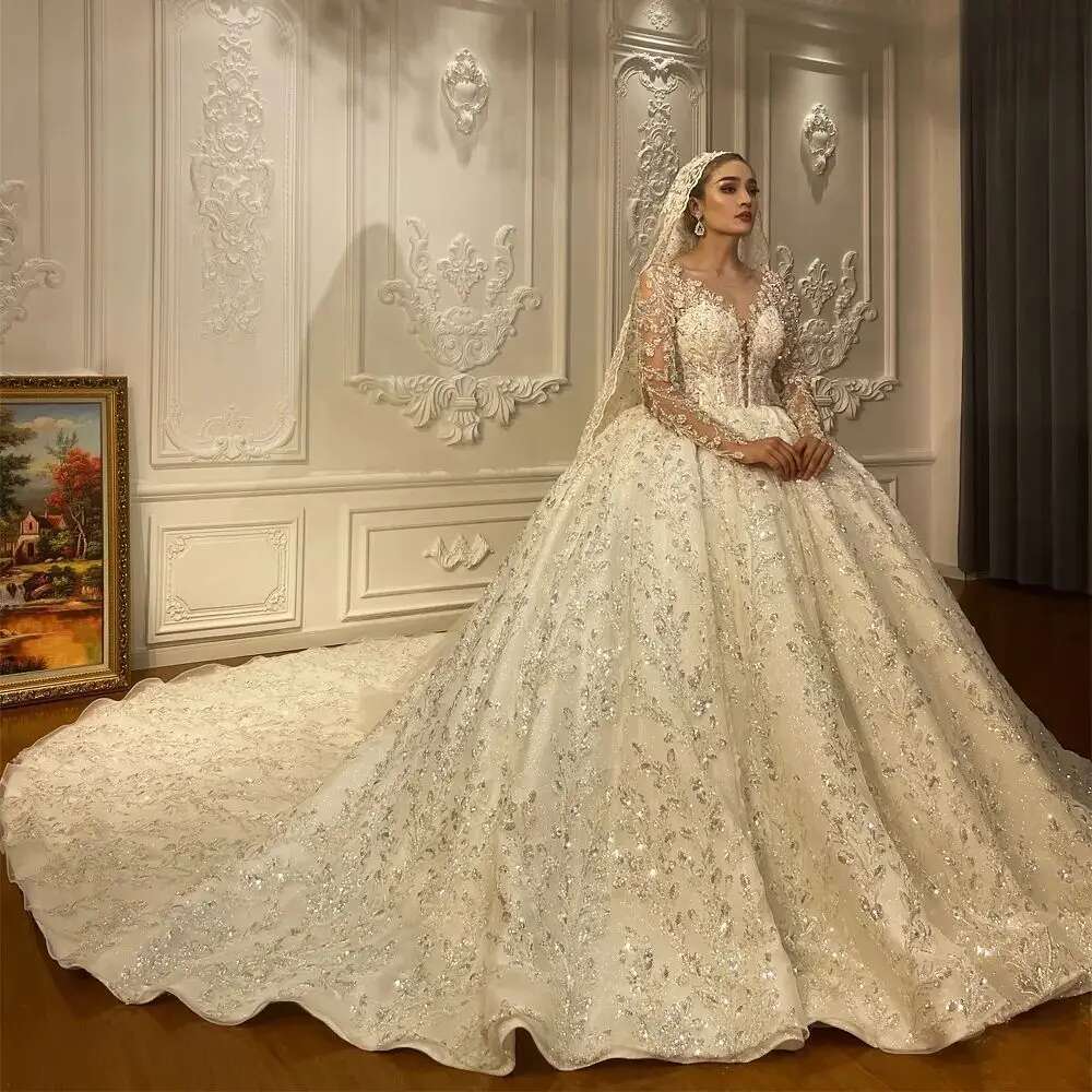Full Sleeve Lace Arabic Wedding Dresses,uoso Sequin Ball Gown,V Neck Bridal Gown with Detachable Train,Custom Made