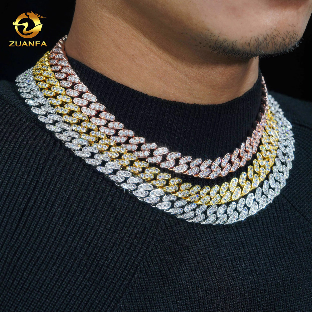 10k 14k Gold Plated One Row 12mm Miami Hip Hop Chain Iced Out Fashion Cuban Chain Moissanite 925 Silver Pass Diamond Test