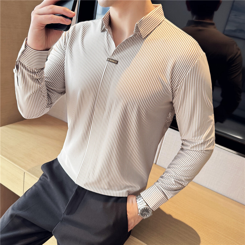 Thin striped long sleeved polo shirt for men, business casual t-shirt, men's dark placket, Korean version, high elasticity, autumn and winter new