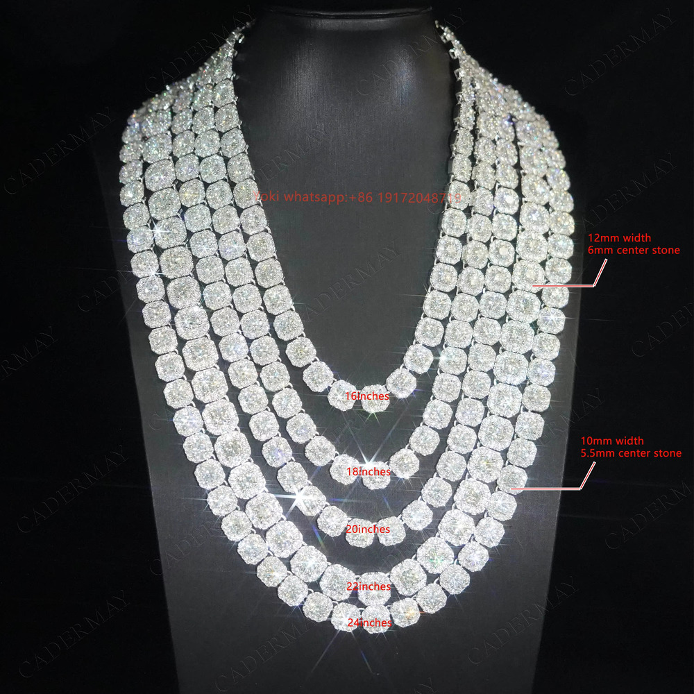 Hiphop Rock Candy Moissanite Chain Micro Clustered Tennis Chain 10mm 925Silver Iced Out VVS Square Moissanite Necklace