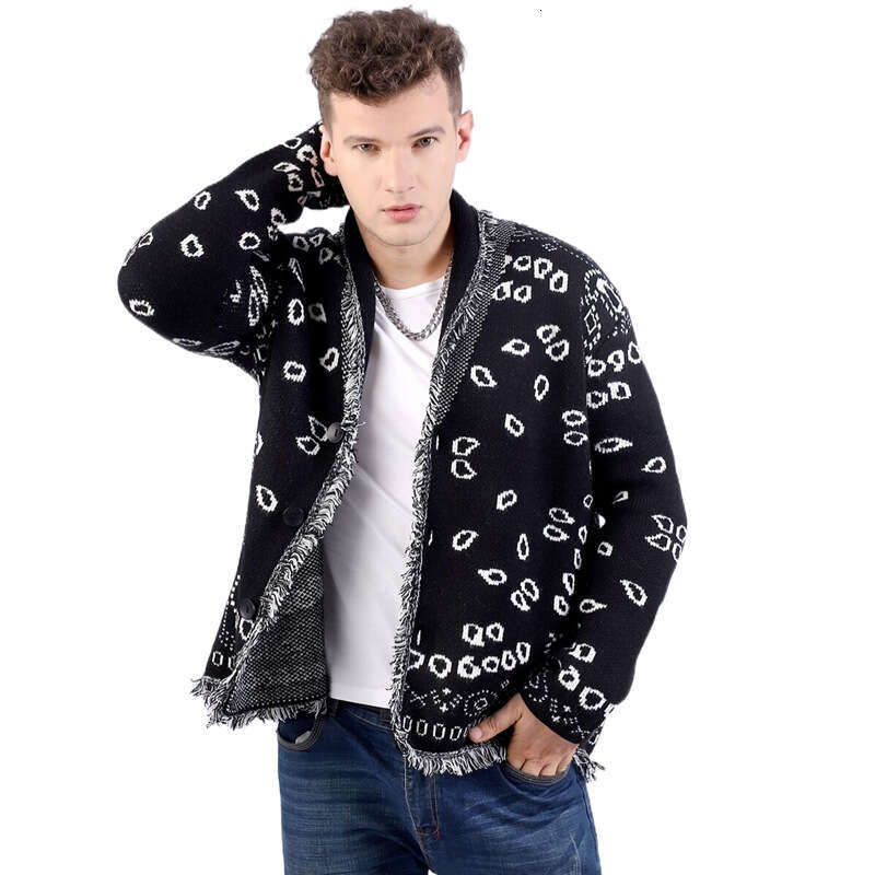 Autumn/Winter Men's Wool Blended Sweater Coat Cashew Flower Jacquard Thick Collar Long Sleeve Tassel Cardigan Trendy