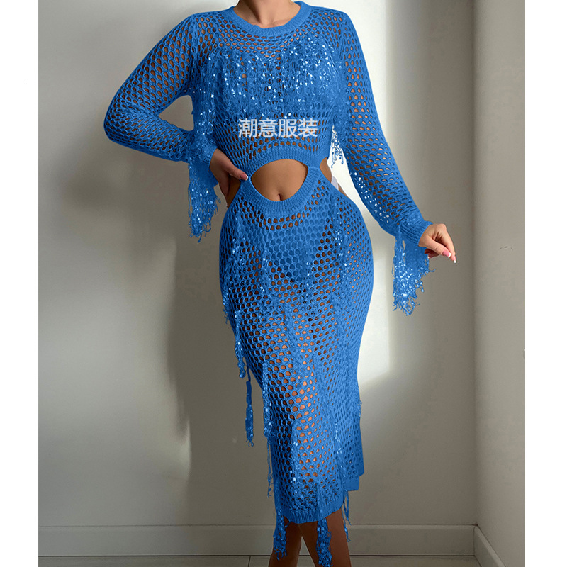 Hollow Knit Sequins, Tassel Round Neck, Exposed Waist Sleeved Vacation Dress, Swimsuit Outer Cover, Sun Protection Clothing, Long Skirt