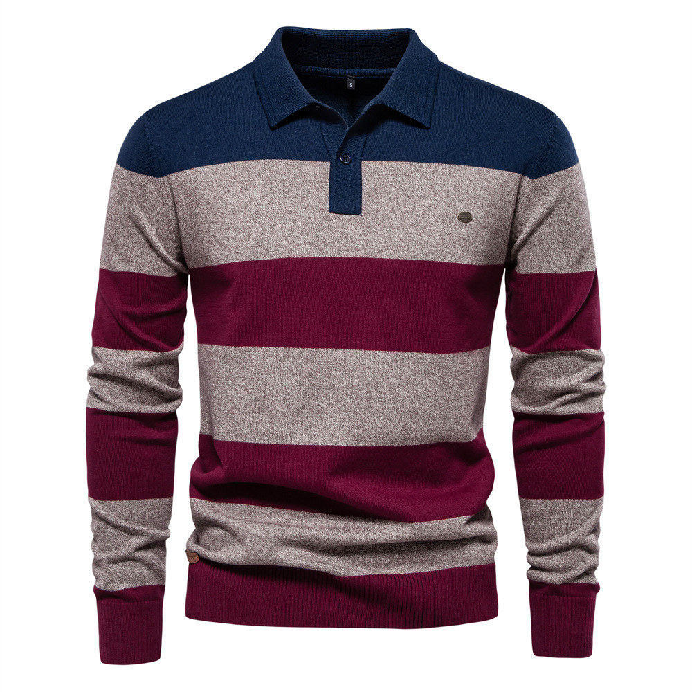 fashion Autumn New Long Sleeved POLO Collar Slim Fit Lapel Striped Patchwork Men's European Size Knitted Sweater