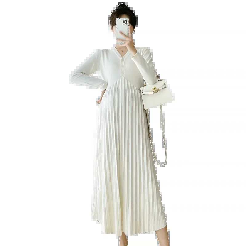 732# Autumn Winter Warm Knitted Maternity Long Dress Elegant A Line Slim Loose Clothes for Pregnant Women Pregnancy SweatersT250311