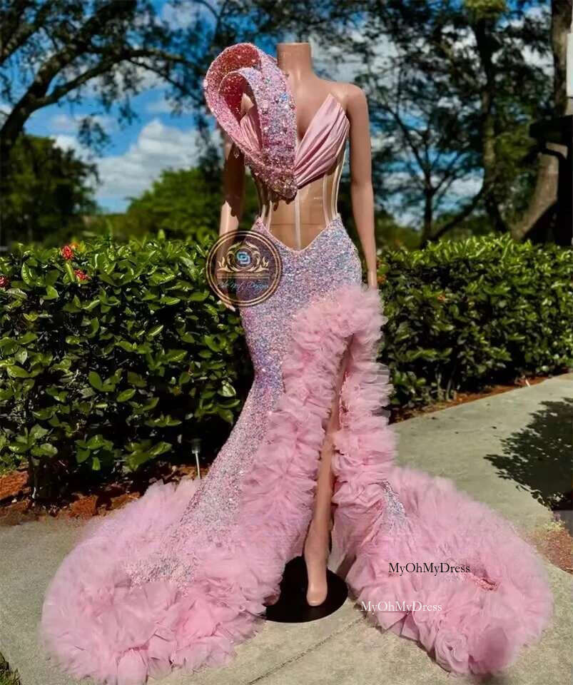 Pink O Neck Long Prom Dress For Black Girls Sequined Slit Birthday Party Dresses Ruffles Evening Gowns Beaded Crystal Customized