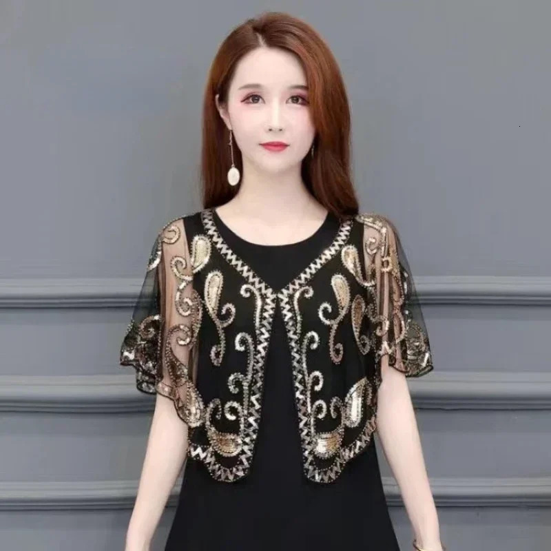 Sequins Coat Poncho Women Scarf Outfits Black Cape Ladies Scarves Party Outerwear Shawls Casaco Wraps Woman Clothes Dress 250227