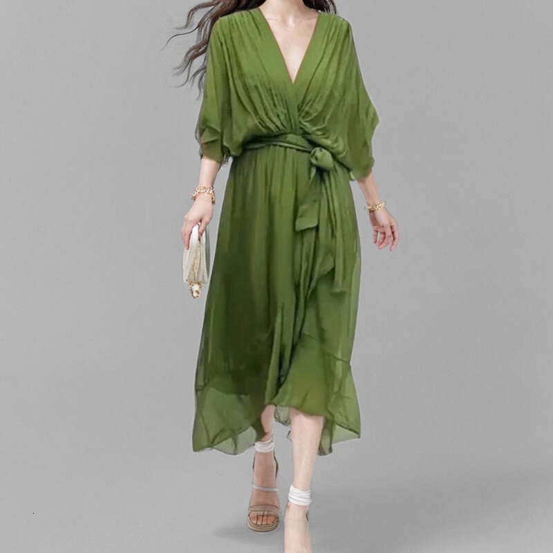 2025 Spring New Women's Solid Color Lace Up Deep V-Neck Long Dress With Bat Sleeves KLMY