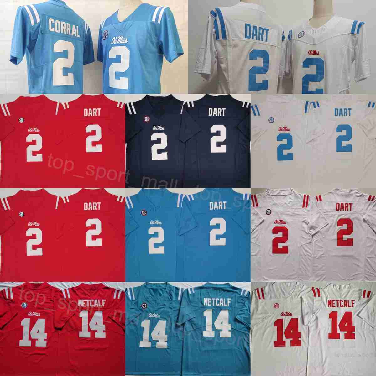25-26 Football Ole Miss Rebels College Jerseys Mens 2 Jaxson Dart 14 DK Metcalf For Sport Fans University Breathable Uniform Blue Red White Team Embroidery High/Top