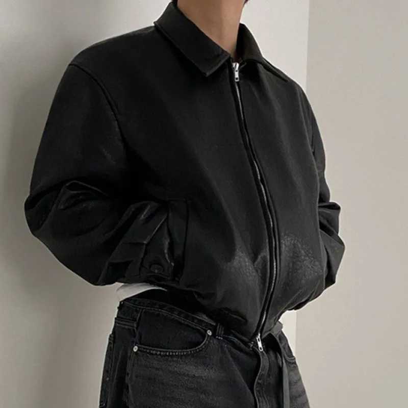 IEFB Short PU Leather Coat Mens Spring Summer Loose Turn-down Collar Coat Korean Style Trend Male Jacket Casual Top 9C5013T250311
