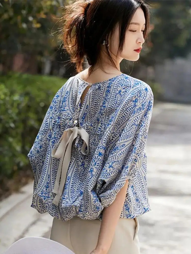 Elegant loose womens retro bow print shirt for office ladies summer Korean batsleeves casual full matching chic top 250311