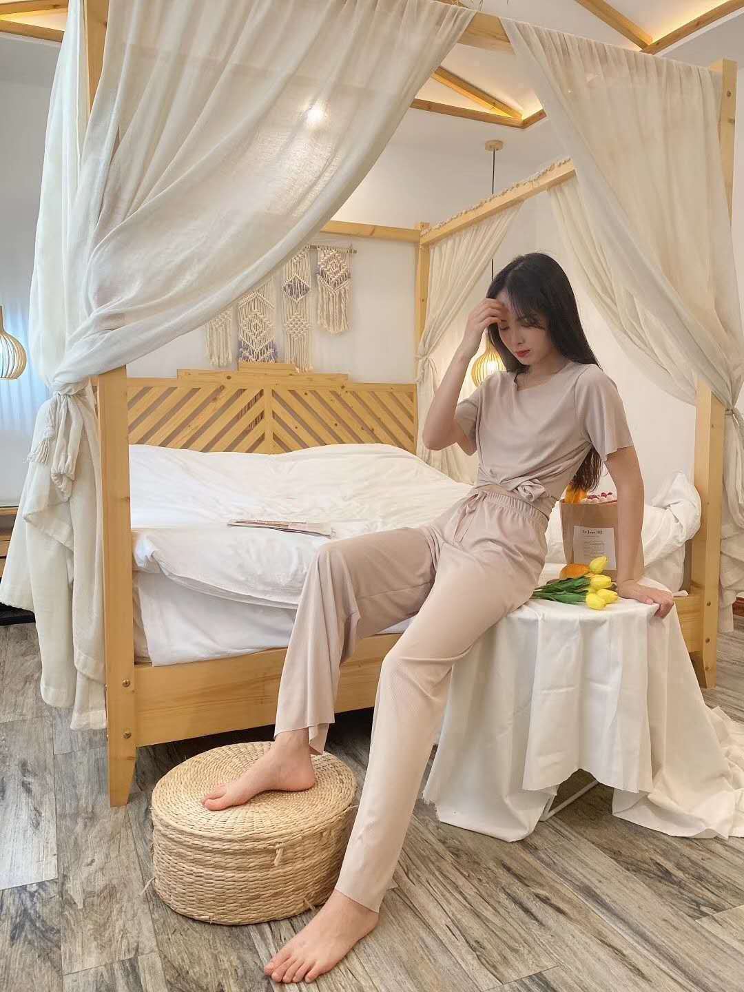 XS4-Ice silk pajamas women summer short-sleeved trousers three-piece suit home clothes cute summer new style