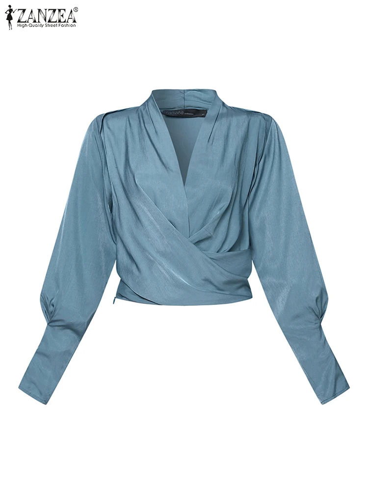 ZANZEA Fashion Wrapped Blouses Women Elegant Long Cuff Puff Sleeve V Neck Tops Waisted Short Irregular Shirts 250310