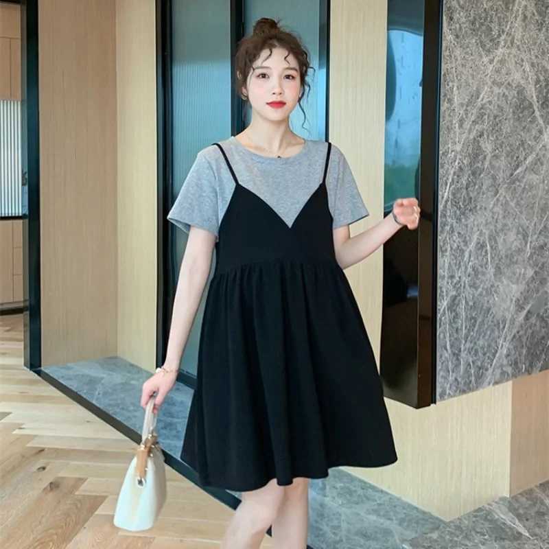 Summer Maternity New Fashion Casual Dresses Summer Mid-Length Maternity Tops Loose False Two-Piece Short-Sleeved Halter DressesT250311