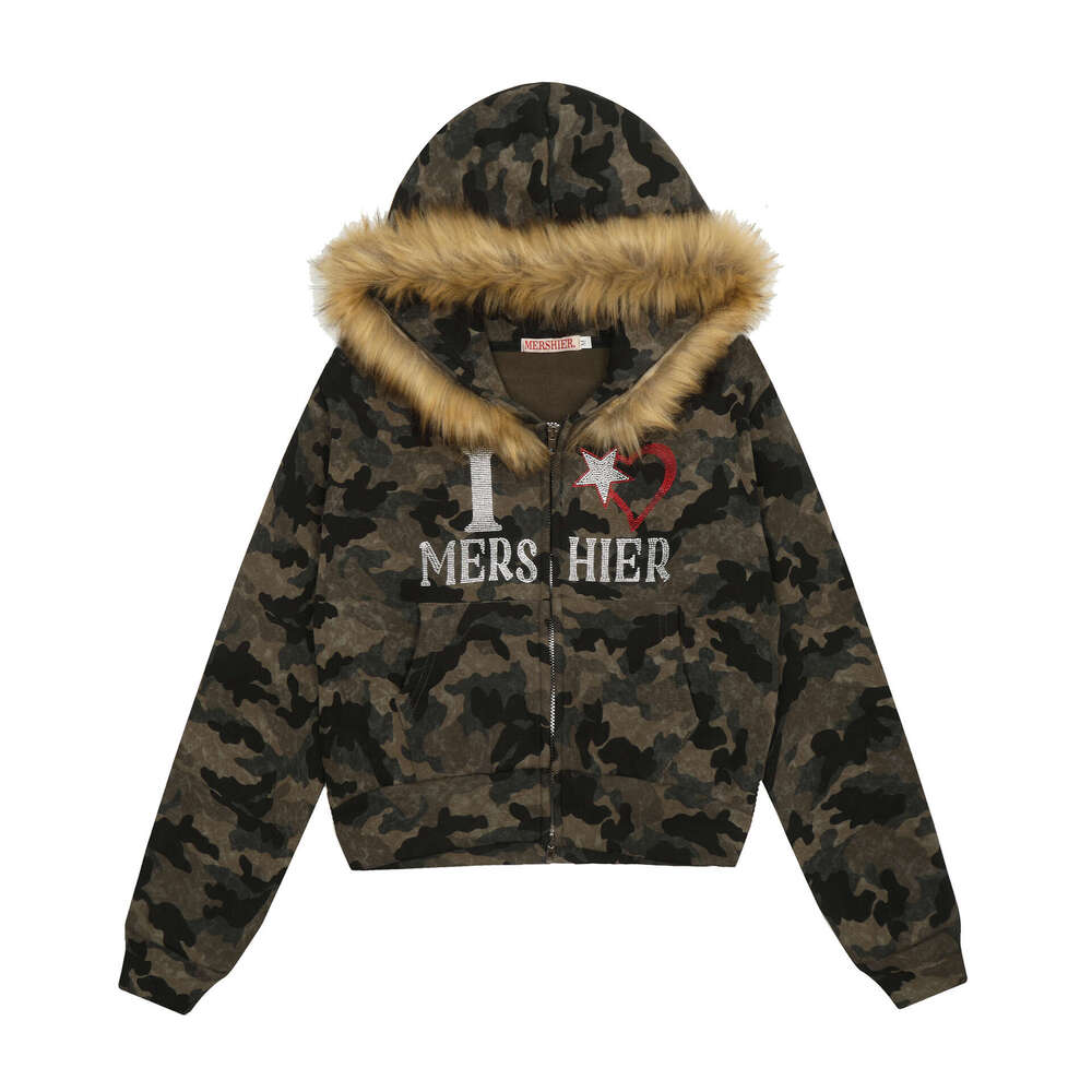 Jia Yi Ku Trendy Brand 2024 New American Hairy Collar Camouflage Hot Diamond Hoodie With Velvet Short Coat Cardigan Sweatshirt