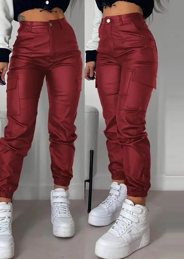 Womens Cargo Pants 2023 Fashion Street Trends Pocket n Cuffed Y2k Tight PU Leather Trousers Autumn High Waist Pant Female 250305