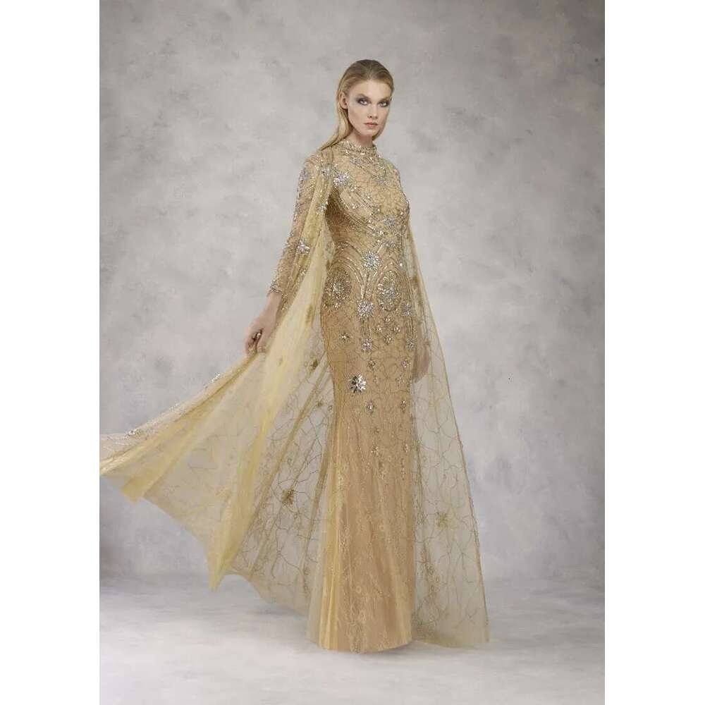 Mother of the Bride Dress in Gold and Lace Application with Cover, Beaded Bridal Dress, Plus Size, 2020
